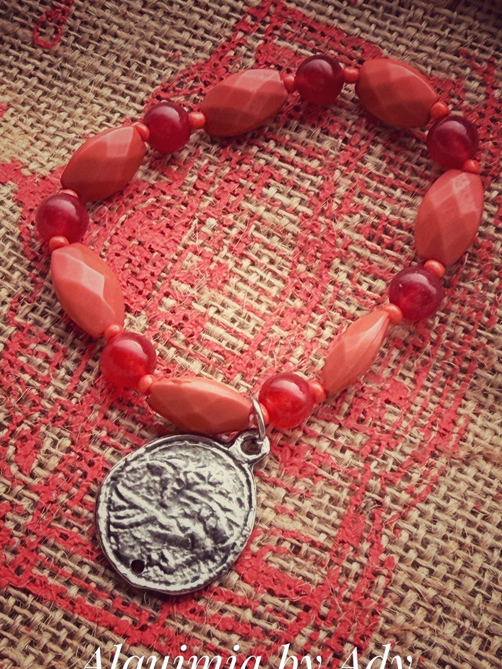 Coral and red + antique silver coin Bracelet